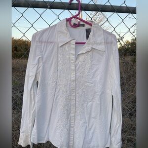 Liz Claiborne White Button-Down Shirt with Subtle Embroidery